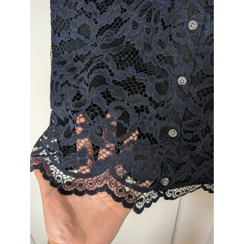 J. Crew Navy Cardigan With Lace Overlay Merino Wool L Classic Preppy
